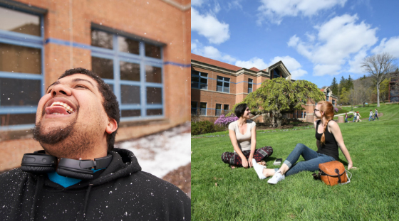 students sitting outside in the quad during summertime and a student catching snowflakes in the winter