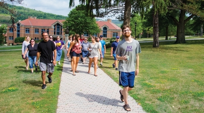 Students walking through the quad