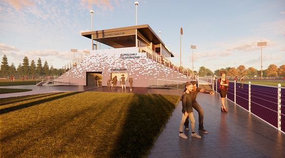 rendering of grand-stand with people watching students running on a track