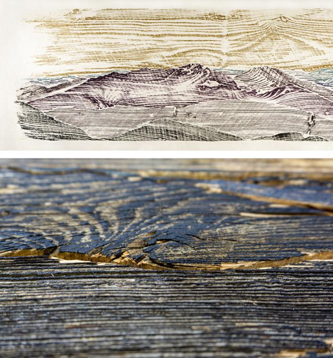 Print of mountains, detail of block with wood grain.