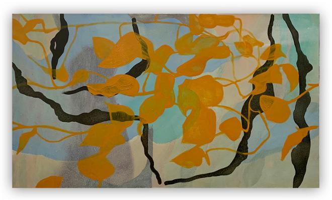 Abstract painting, orange vine forms, blue, white, and black.