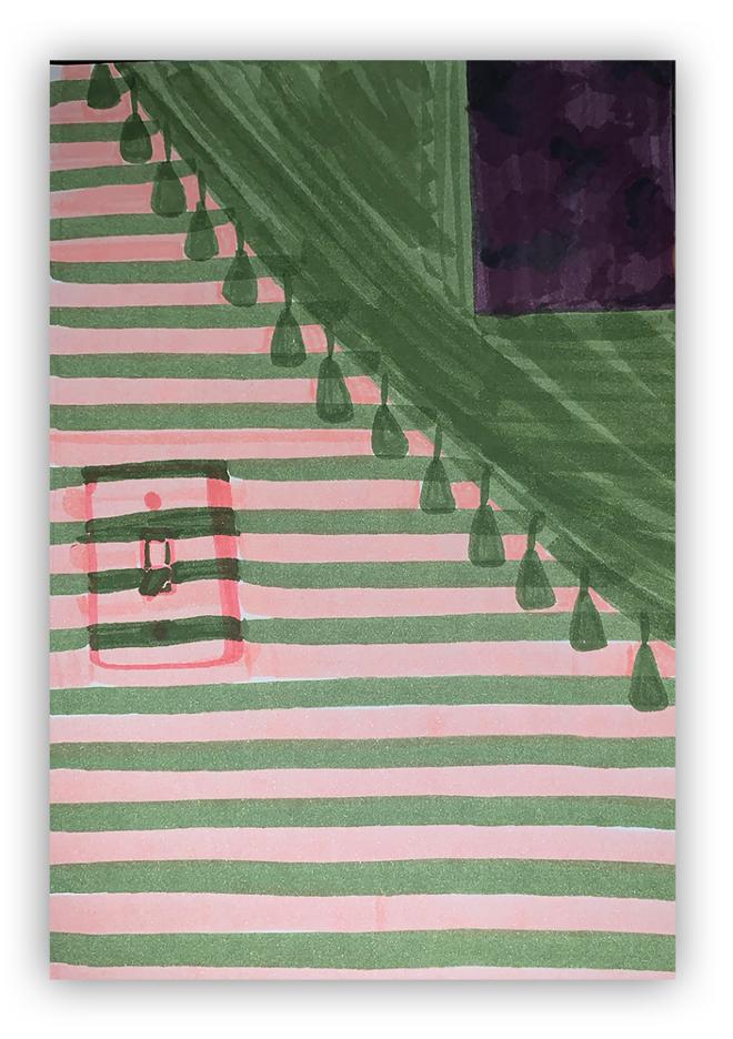 Abstract, green and pink, light switch and stripes on wall.