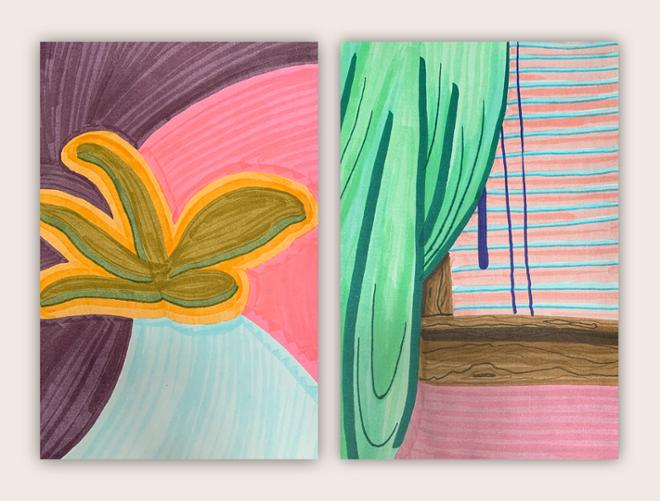 left: large color blocks with flower in center; right: strong colors, depiction of window with blinds and curtain.