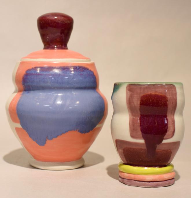 Jar with lid and cup, color blocked glazes.