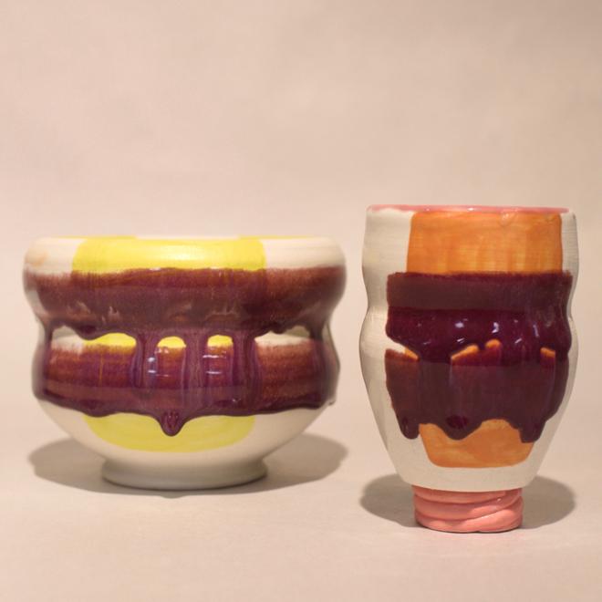 Ceramic bowl and cup, color blocked, drippy glazes.