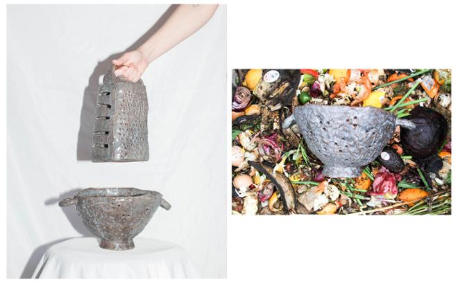 Ceramic sculpture of colander and cheese grater, another picture of colander on top of food waste.