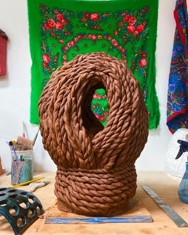 Ceramic sculpture of rope.