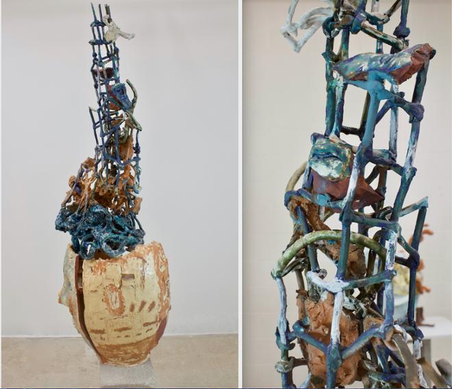 Abstract ceramic sculpture, vertical array, and detail.