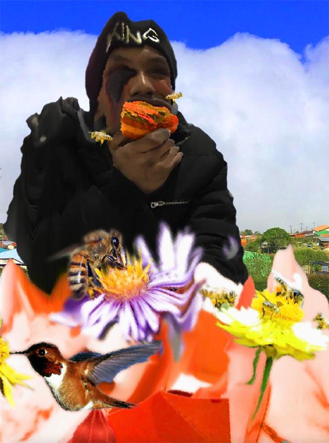 Saturated and warped photo of person eating fruit; bees, birds, and flowers in the foreground.