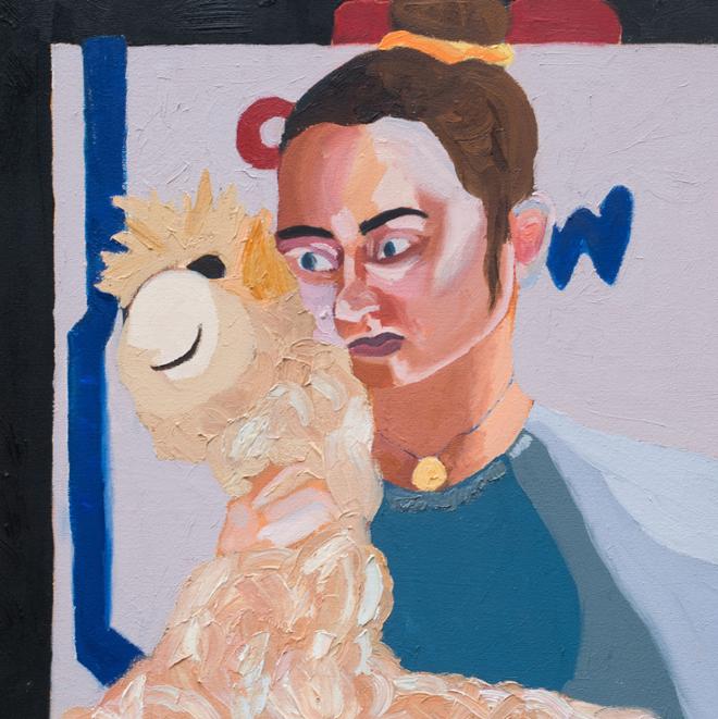 Painting of woman holding stuffed llama.