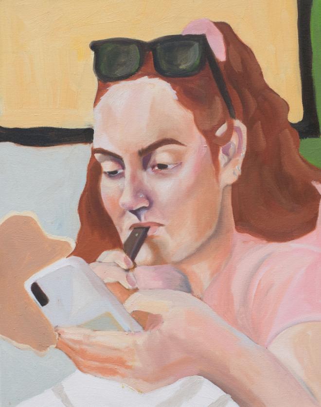 Painting of woman vaping, looking at phone.