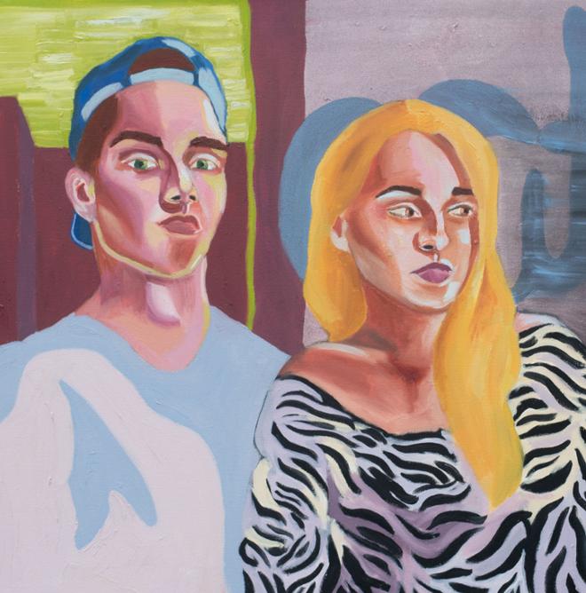 Painting of man and woman wearing zebra-striped shirt.
