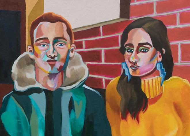 Painting of man and woman in front of brick wall.