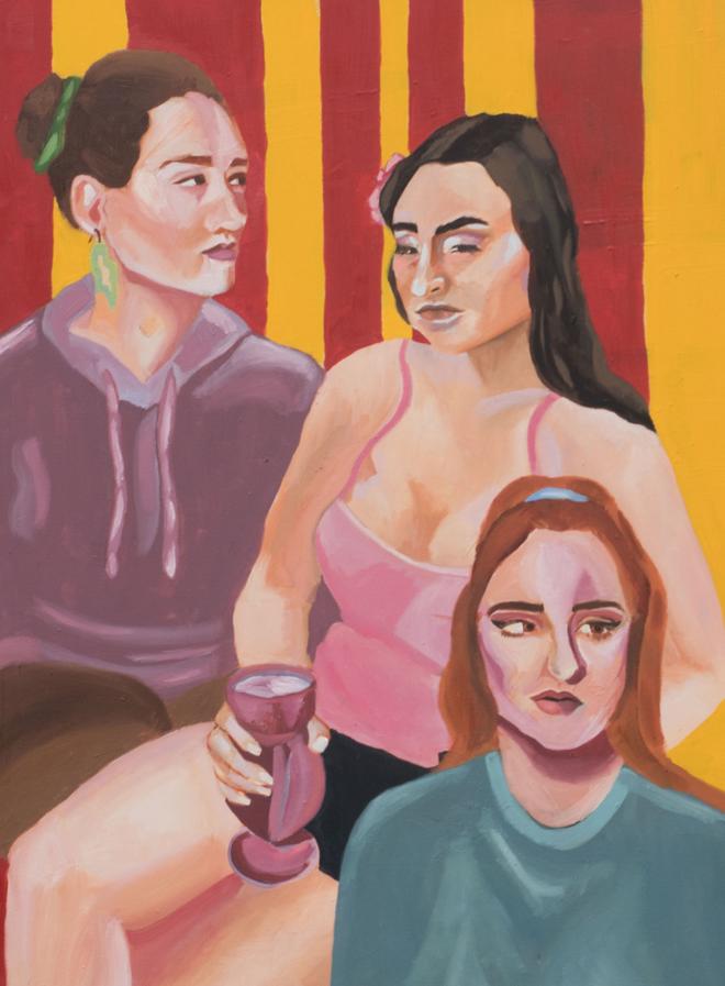 Painting of three women, striped red and yellow background.