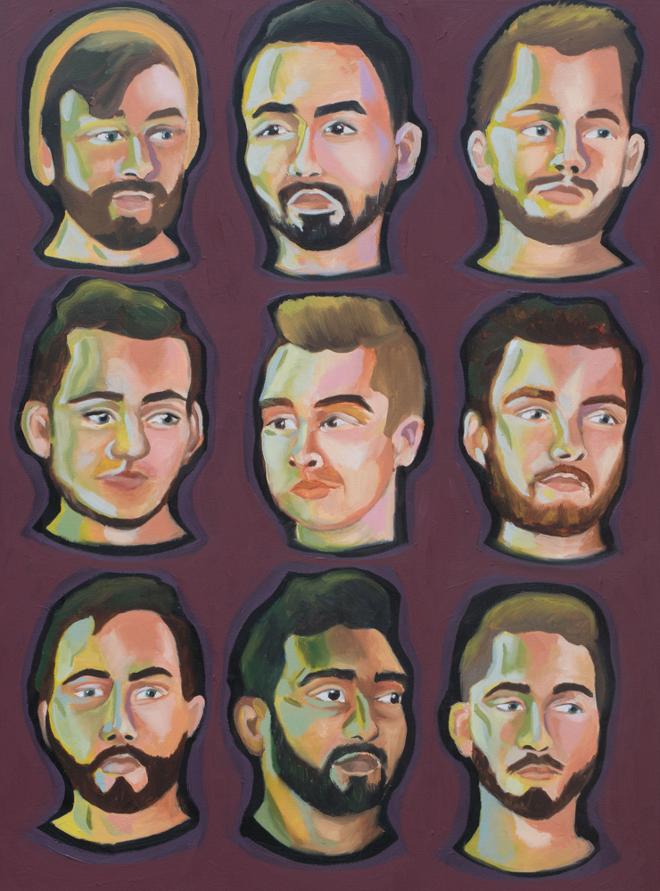 Painting of nine men’s faces.