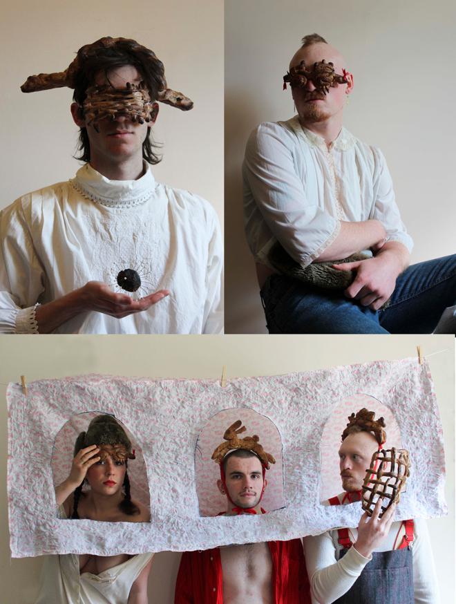 Three photos, people wearing masks/crowns made of bread.