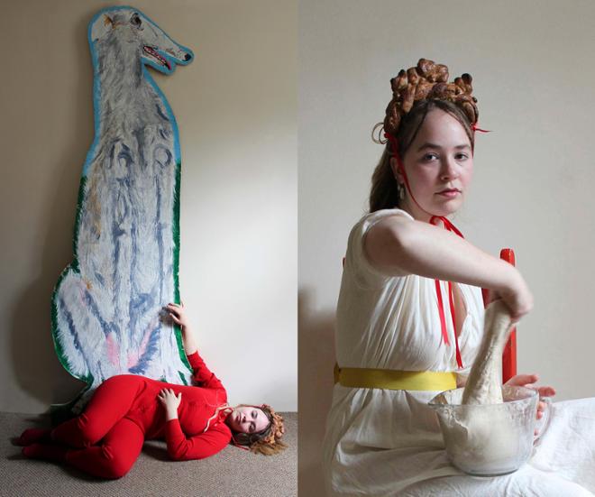 two photos; left: woman in red onesie on ground in front of large painting of greyhound dog. Right: woman wearing crown of bread, mixing dough in bowl.