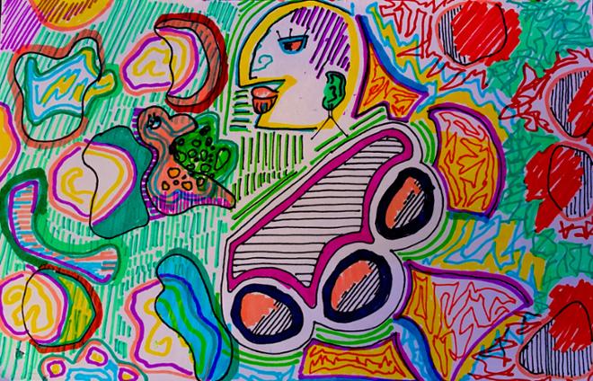 Colorful patterned drawing with abstract figure.