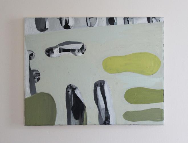 Abstract painting with grey and green blobs.