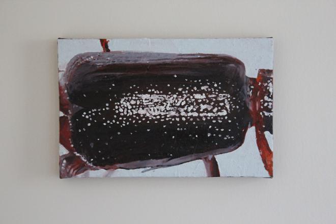 Abstract painting, dark red blob with white specks.