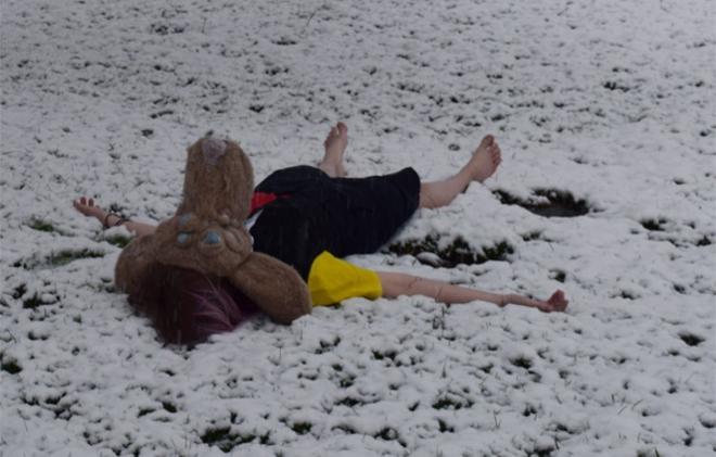 Person laying in snow wearing dress and animal mask.