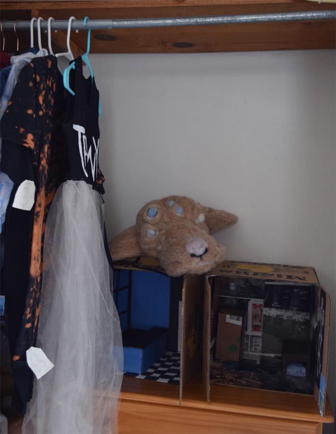 Closet with clothes and two cardboard box room maquettes and four-eyed animal head mask .