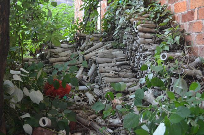 Pile of arm/hand molds behind building, overgrown with vines.
