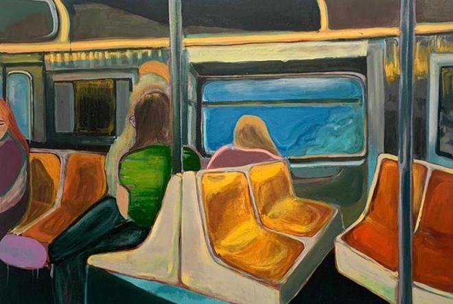 A painting of the inside of a bus or subway train. 