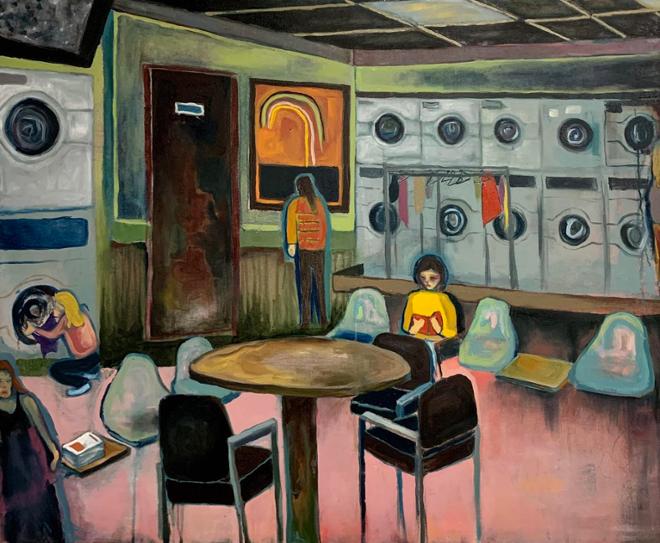A painting of the inside of a laundry mat, featuring 4 people. 