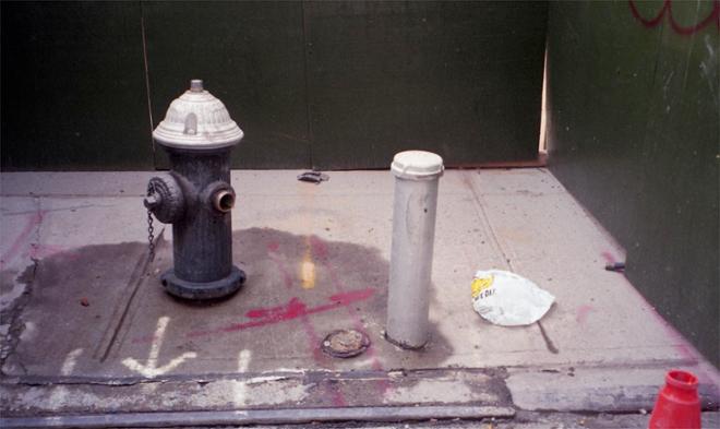 A photograph of a sidewalk featuring a fire hydrant and litter. 