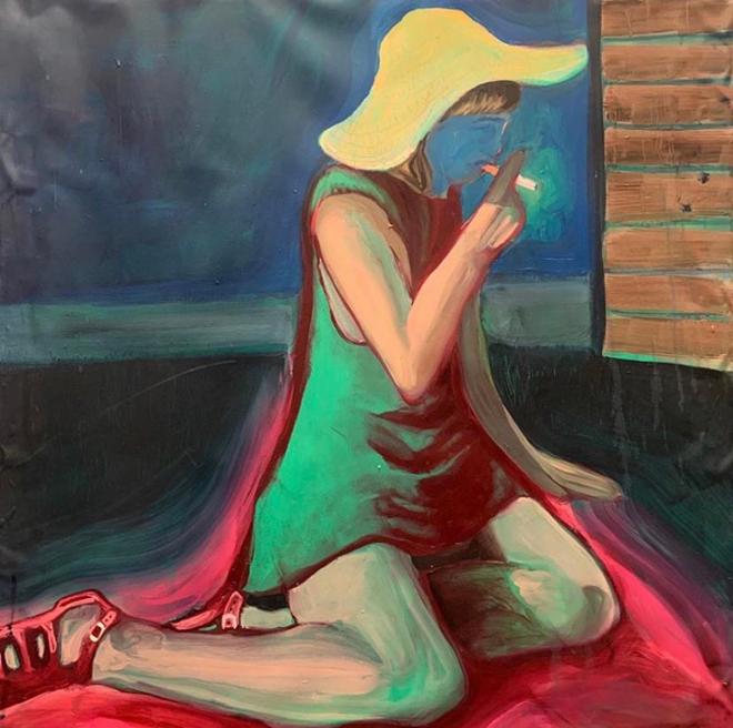 A painting of a faceless woman smoking a cigarette. 