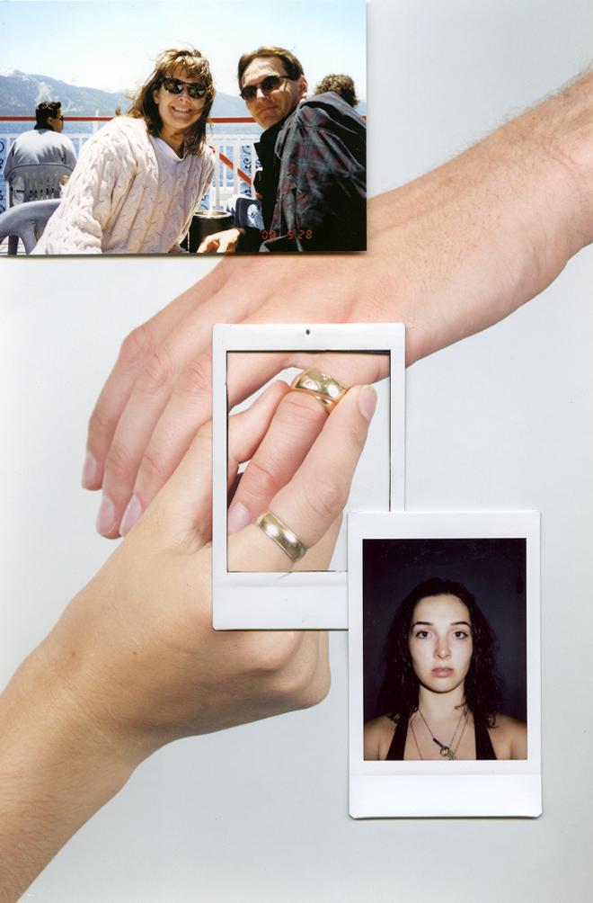 A collage featuring two hands highlighting wedding rings. 