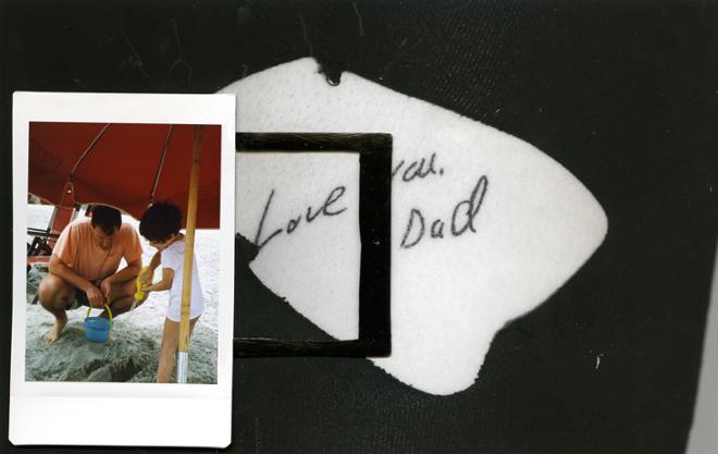 A collage with a picture of a man and a small child in the bottom left corner, with the text “love you, dad” in the center. 