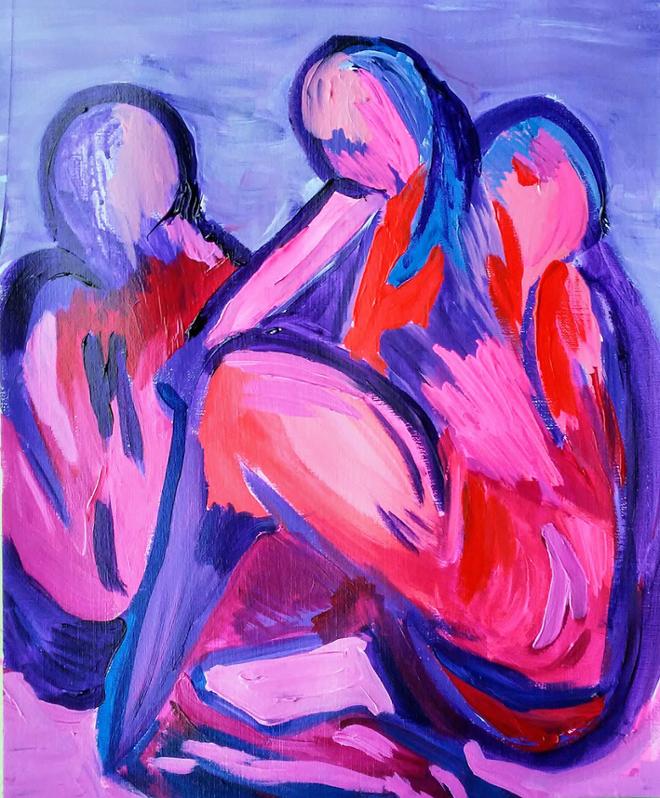 An abstract painting consisting of human figures sitting down in cool tones and pinks.