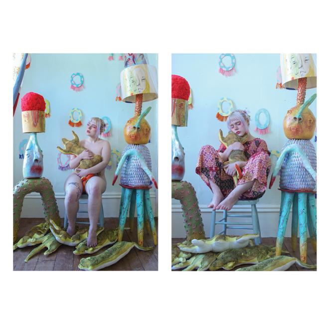 Two photographs of a person in a chair surrounded by ceramic figures and abstracted, animal-like stuffed objects. 