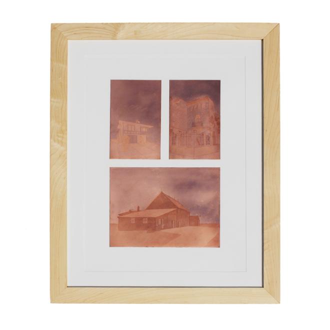 A print of 3 buildings in color.