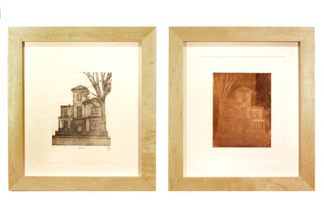 2 prints of buildings.