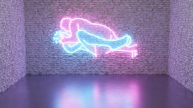 Neon of two figures in missionary position.