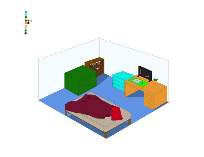 A digital drawing of the interior of a bedroom.