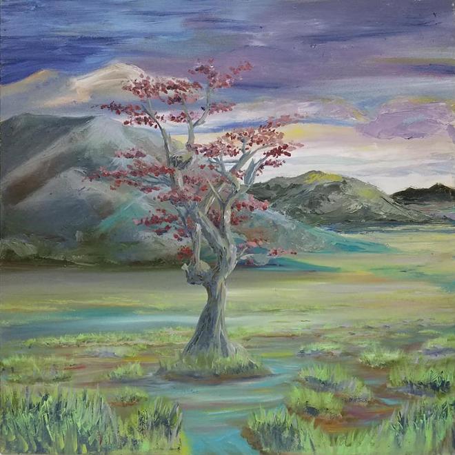 A painting of a tree and the surrounding landscape. 