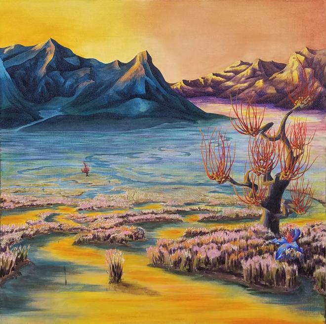 A colorful painting of a landscape with a mountain range. 