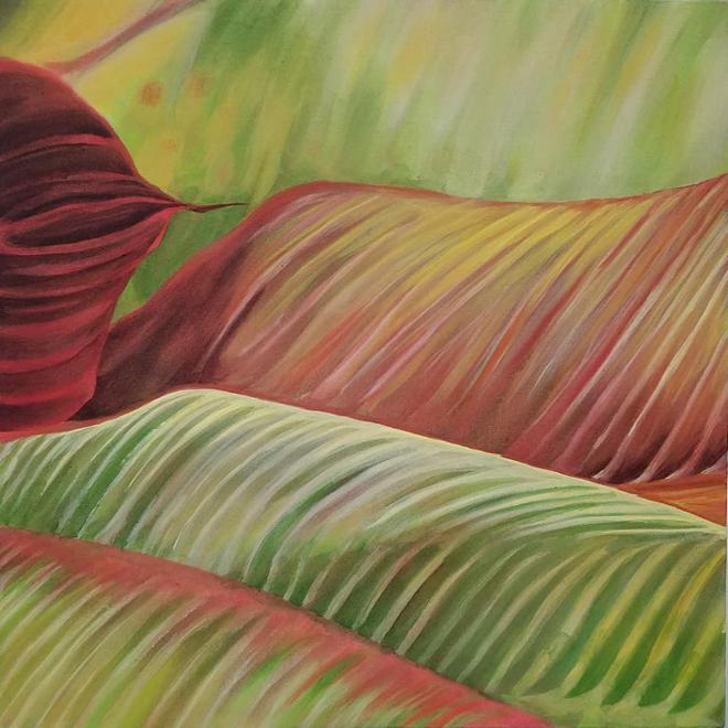 A colorful painting of the details of leaves. 