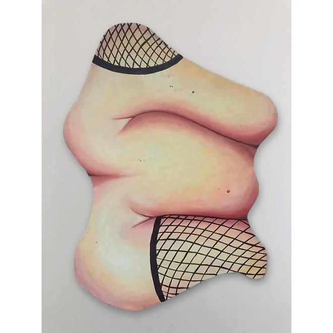 A painting on an odd shaped canvas of the side profile of a person in lace tights.