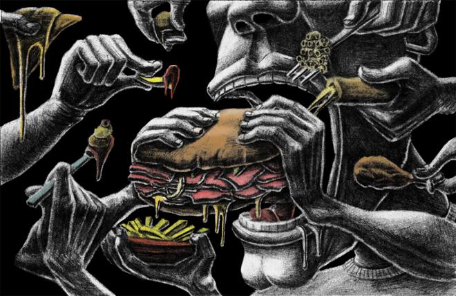  A digital painting of a person eating food with multiple hands. 