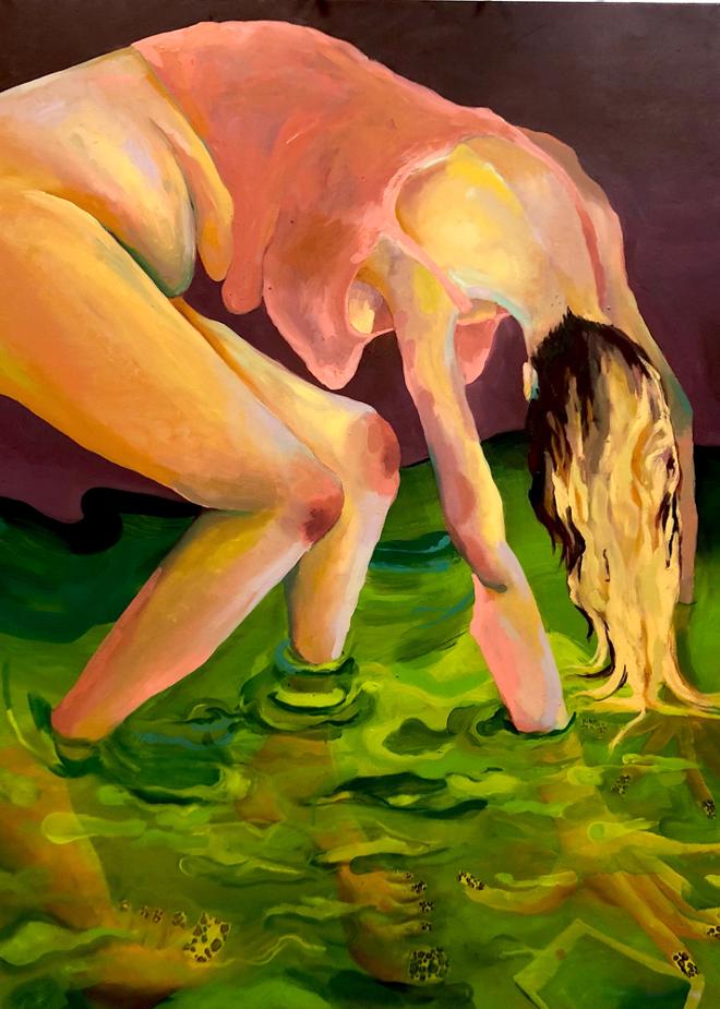 A painting of a person leaning over in green water.
