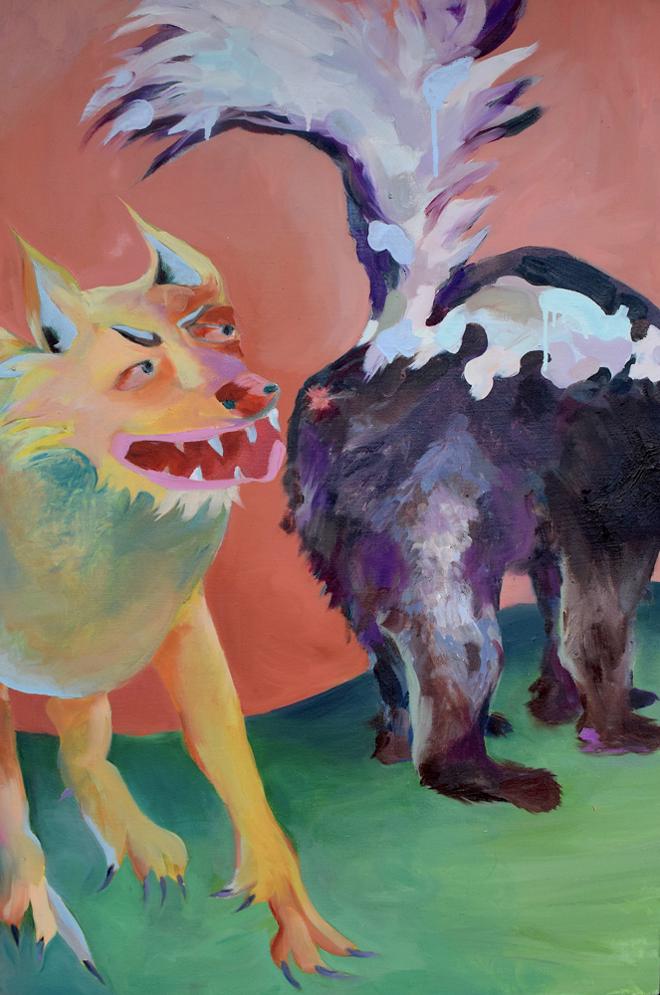A painting of a dog sniffing a skunk's butt.