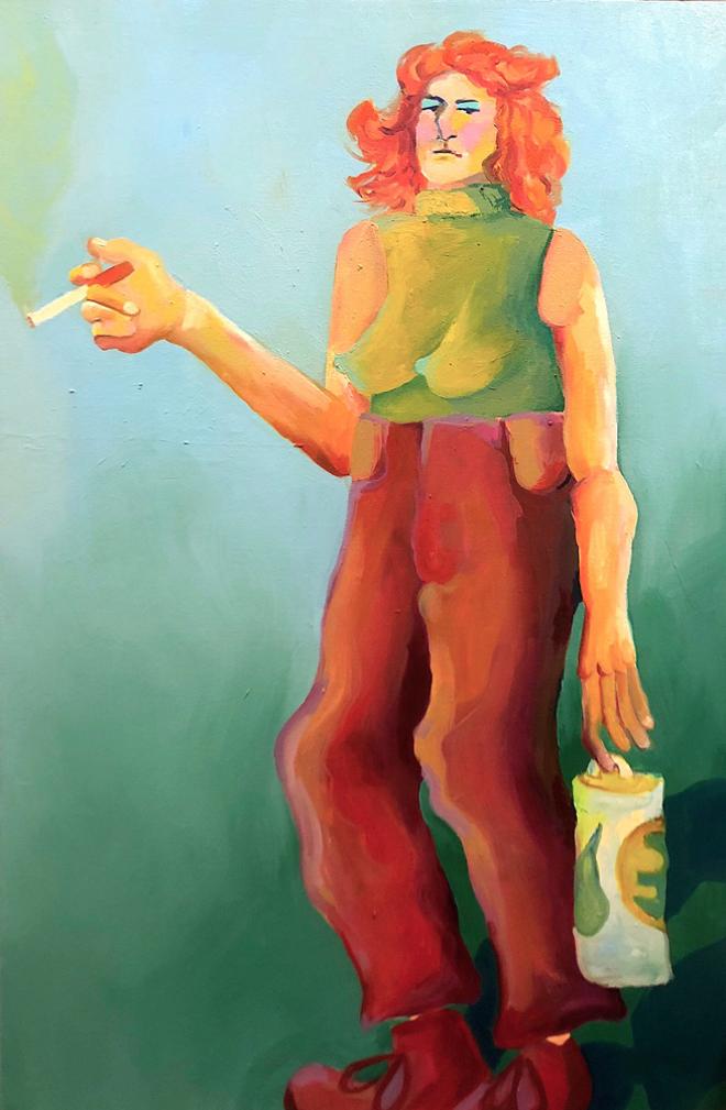 A painting of a person holding a cigarette and a water bottle. 