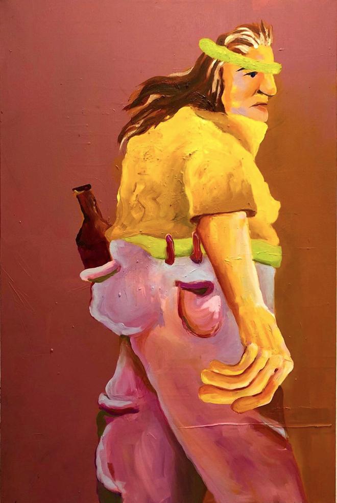 A painting of the side view of a person with a bottle in their back pocket.  