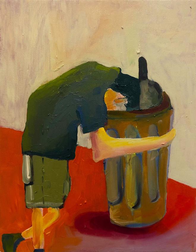 A painting of a person throwing up in a trash can.