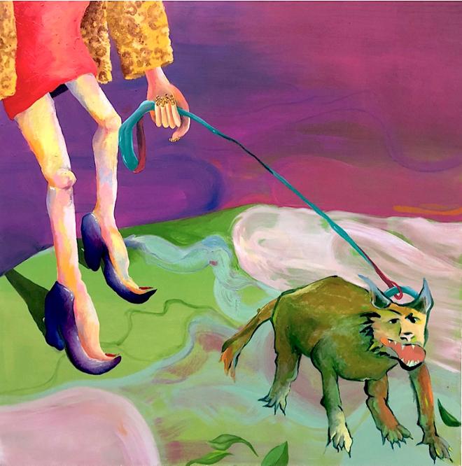 A painting of a person walking a dog with a human face.